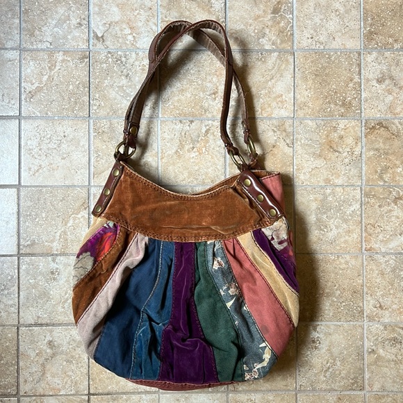 Lucky Brand Handbags - Lucky Brand Vintage Velvet Corduroy Mixed Patchwork Bag Leather Handles Accents
